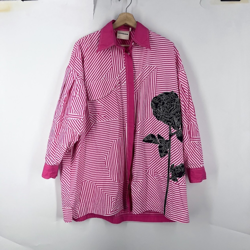 Lovebirds Pink White Geometric Striped Rose Embroidered Oversized Cotton Shirt S
